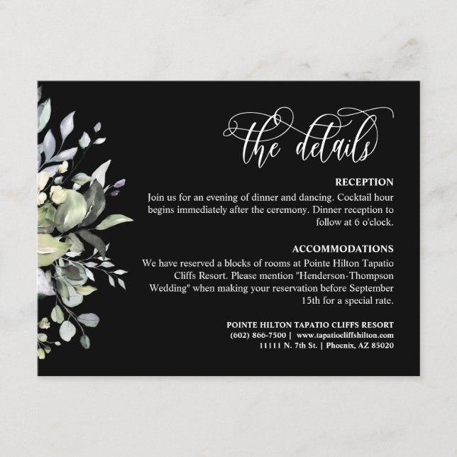 Elegant Black Greenery QR Code Details 5.5x4.25 Enclosure Card (Front)