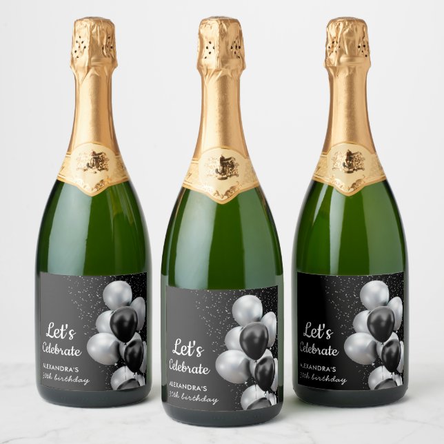 Elegant Black Grey Balloon Chic  Birthday Sparkling Wine Label (Bottles)