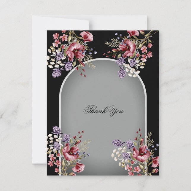 Elegant Black Grey Beautiful Floral Thank You Card (Front)