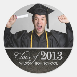 Elegant black & grey damask Class of 2013 Classic Round Sticker