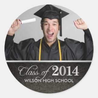 Elegant black & grey damask Class of 2014 Classic Round Sticker