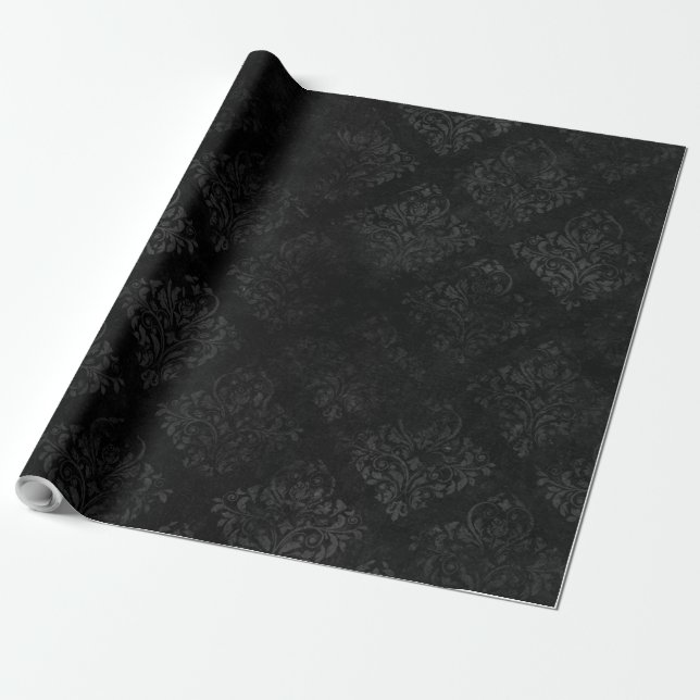 Elegant Black Grey Damask Pattern Print Wrapping Paper (Unrolled)
