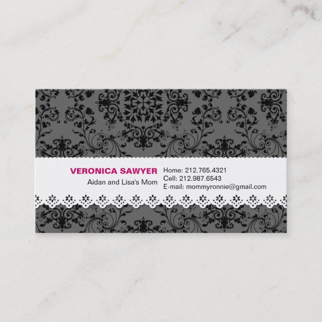 Elegant Black & Grey Damask with Lace Profile / Mo Calling Card (Front)