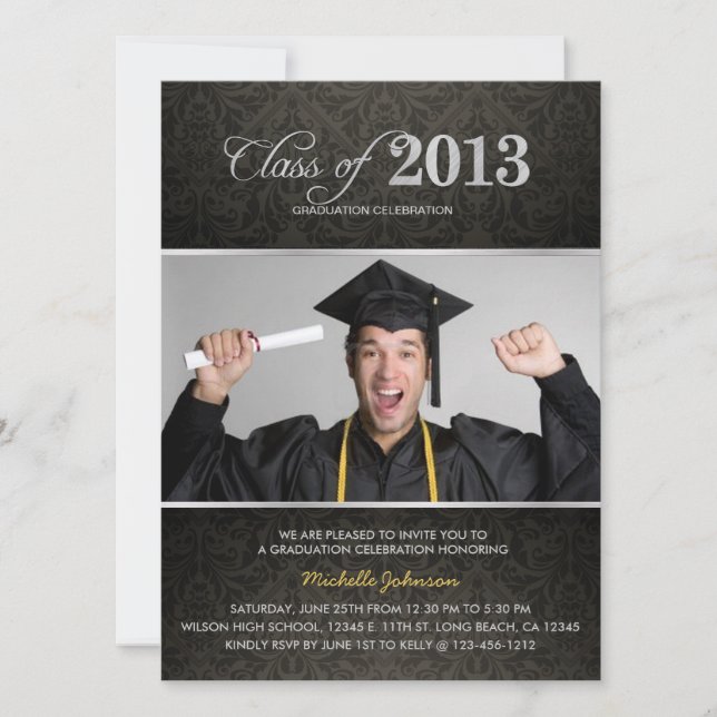 Elegant Black & Grey Damask with Silver Graduation Invitation (Front)