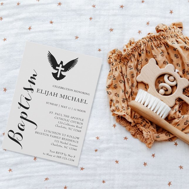 Elegant Black Grey Dove Cross Baptism Invitation (Creator Uploaded)