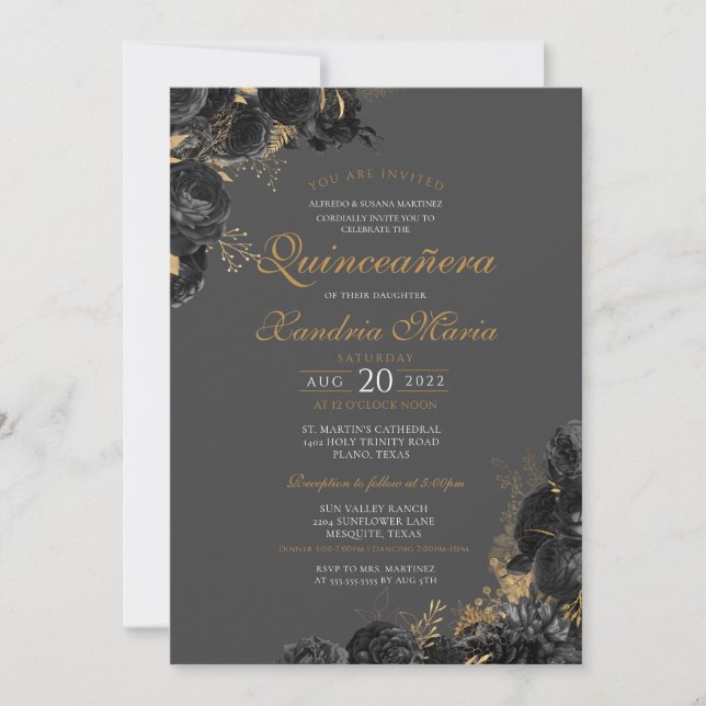 Elegant Black Grey Gold Rose Floral Quinceanera Invitation (Front)