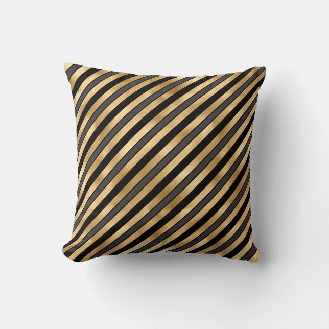 Elegant Black Grey Gold Stripe Cushion (Front)