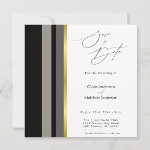 Elegant Black Grey Gold Stripe Photo Square Save The Date