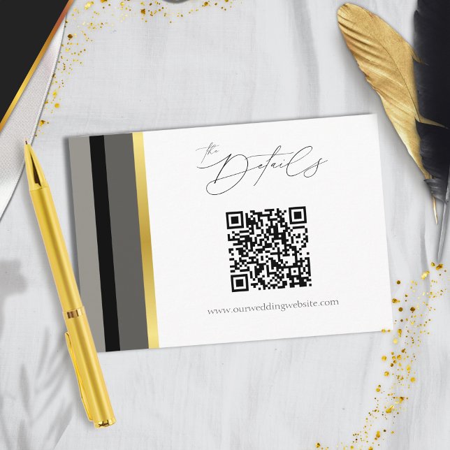 Elegant Black Grey Gold Stripe QR Code Wedding  Enclosure Card (Creator Uploaded)