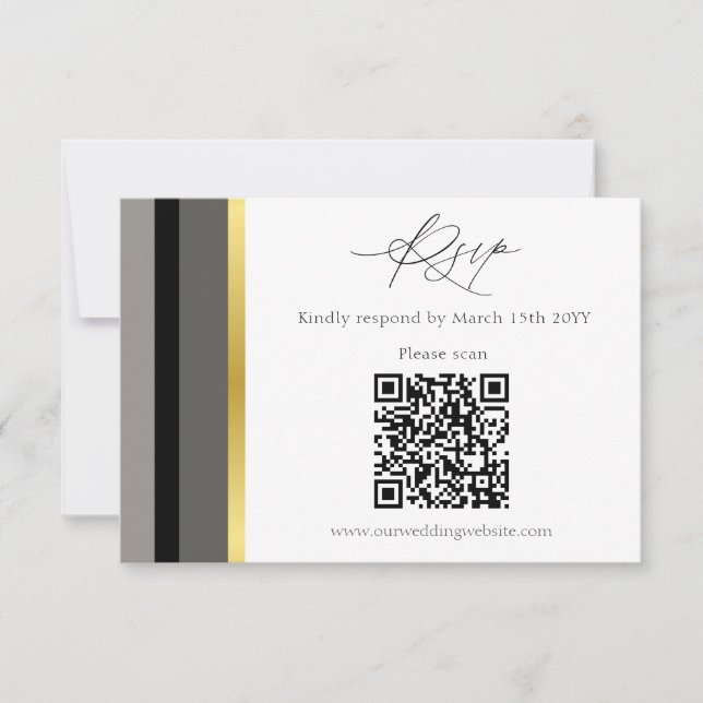Elegant Black Grey Gold Stripe QR Code Wedding RSVP Card (Front)