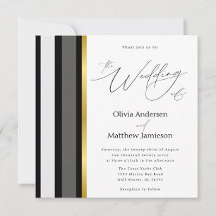 Elegant Black Grey Gold Stripe Square Wedding Invitation
