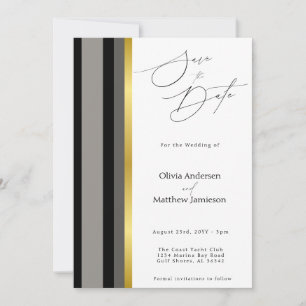 Elegant Black Grey Gold Stripe Typography Photo Save The Date