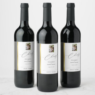 Elegant Black Grey Gold Stripe Wedding Photo Wine Label