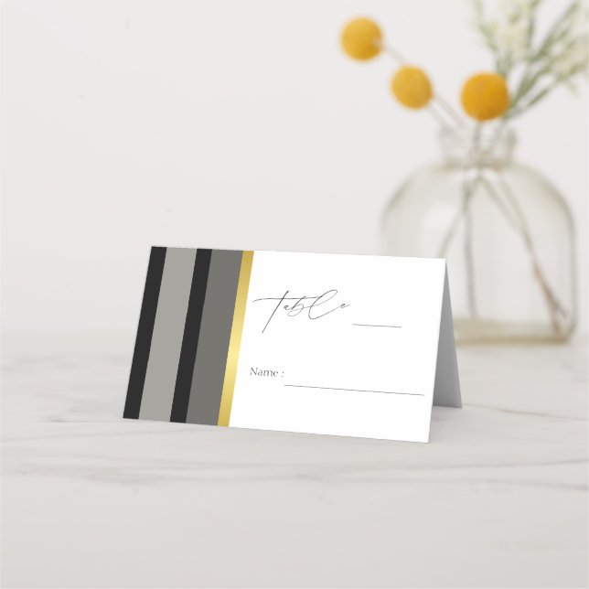 Elegant Black Grey Gold Stripes Typography Wedding Place Card (Front)