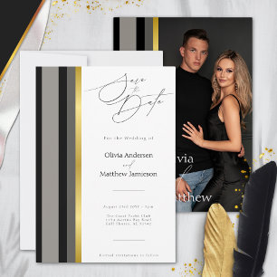 Elegant Black Grey Gold Stripes Typography Wedding Save The Date