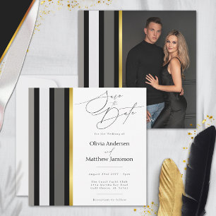 Elegant Black Grey Gold Stripes Typography Wedding Save The Date