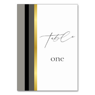 Elegant Black Grey Gold Stripes Typography Wedding Table Number