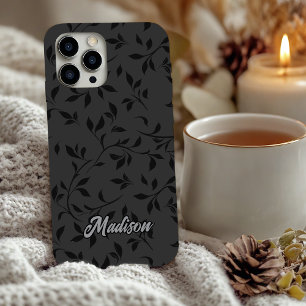 Elegant Black Grey Monogram Botanical Leaves iPhone 16 Case