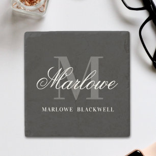 Elegant Black Grey Monogram Calligraphy Stone Coaster