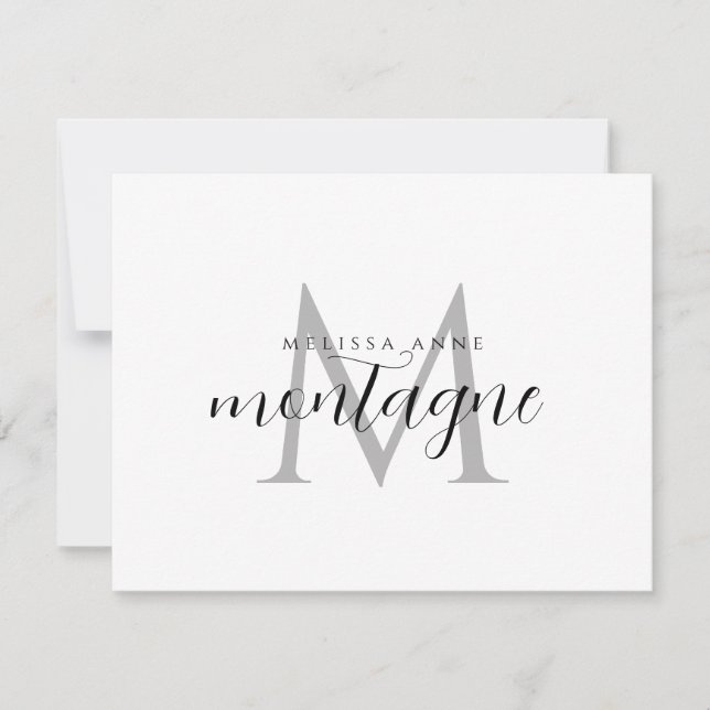 Elegant Black Grey Monogram Flat Note Card (Front)