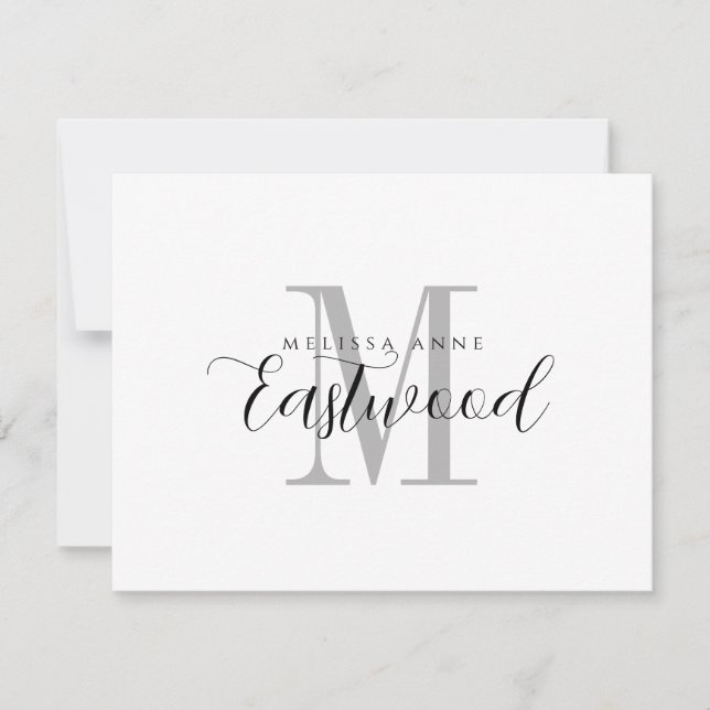 Elegant Black Grey Monogram Flat Note Card (Front)