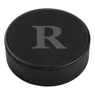 Elegant Black &grey Monogram Hockey Puck