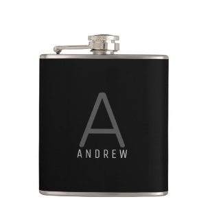 Elegant Black Grey Monogram Personalised Hip Flask