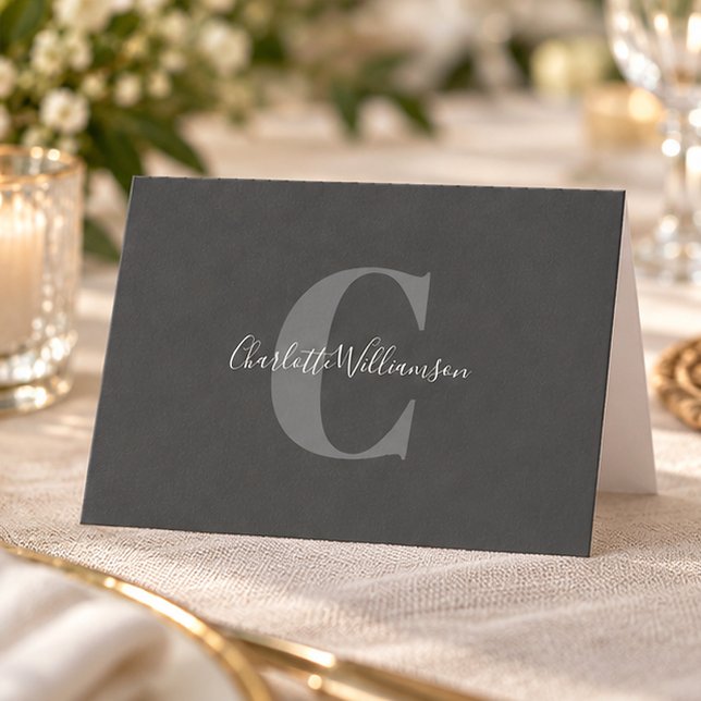Elegant Black Grey Monogram Script Name Stationery Note Card (Creator Uploaded)