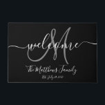 Elegant Black Grey Monogram Script Name Wedding Doormat<br><div class="desc">Personalised black and white and grey monogram design with bride and groom last name and wedding date on a black background. Makes a unique and great gift for newlyweds. Great for new house together. Customise with your name,  monogram initial and wedding date and colours. Elke Clarke©</div>