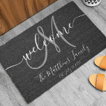 Elegant Black Grey Monogram Script Name Wedding Doormat<br><div class="desc">Personalised black and white and grey monogram design with bride and groom last name and wedding date on a black background. Makes a unique and great gift for newlyweds. Great for new house together. Customise with your name,  monogram initial and wedding date and colours. Elke Clarke©</div>