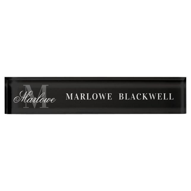 Elegant Black Grey Monogram Script Nameplate (Front)