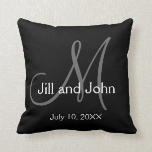 Elegant Black Grey Monogram Wedding Keepsake Cushion