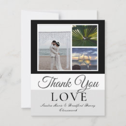 Elegant Black Grey Script Wedding Photo collage Thank You Card