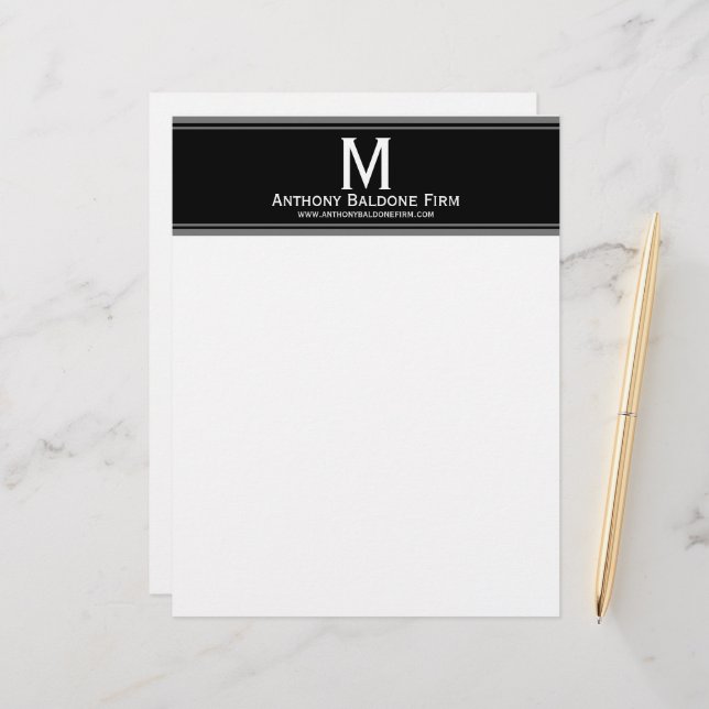 Elegant Black Grey Stripes Business Name Monogram Custom Letterhead (Front/Back In Situ)
