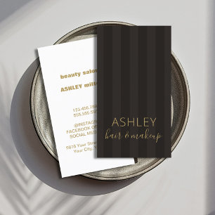 Elegant Black Grey Stripes Gold Hair Makeup Business Card