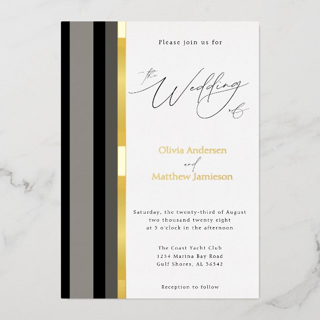 Elegant Black Grey Stripes Wedding Gold (Front)