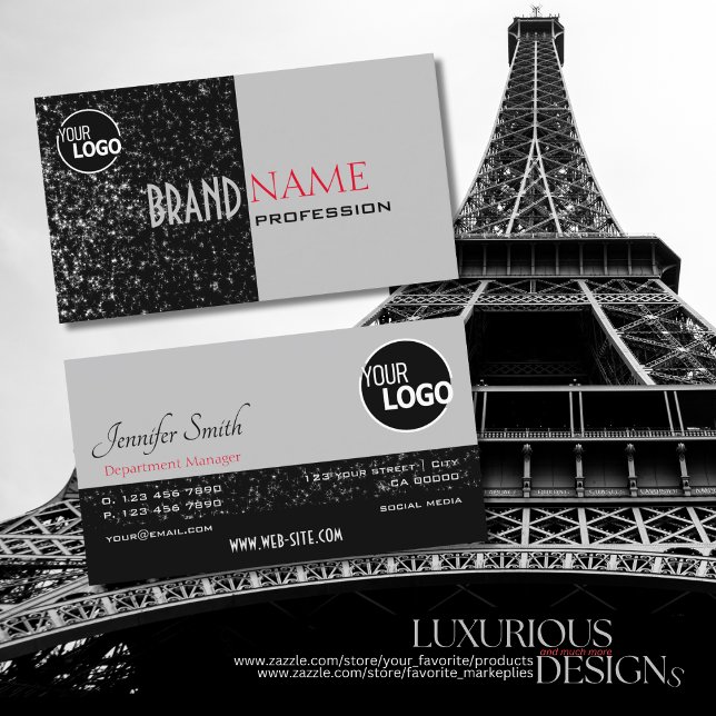 Elegant Black Grey Tiny Glittered Stars add Logo Business Card (Creator Uploaded)