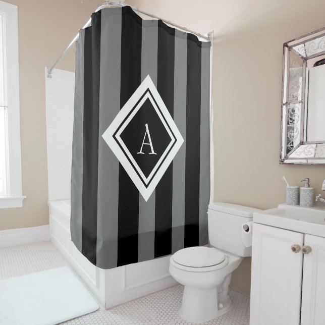 Elegant Black Grey Vertical Stripes Monogram Shower Curtain (In Situ)