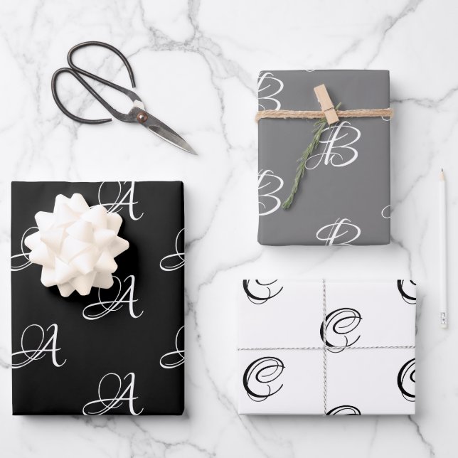 Elegant black grey white custom script monogram wrapping paper sheet (Front)