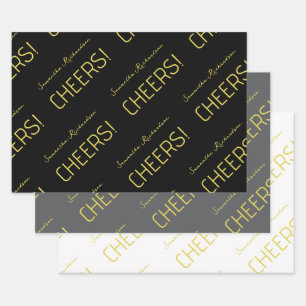 Elegant Black Grey White Gold Script Name Wrapping Paper Sheet