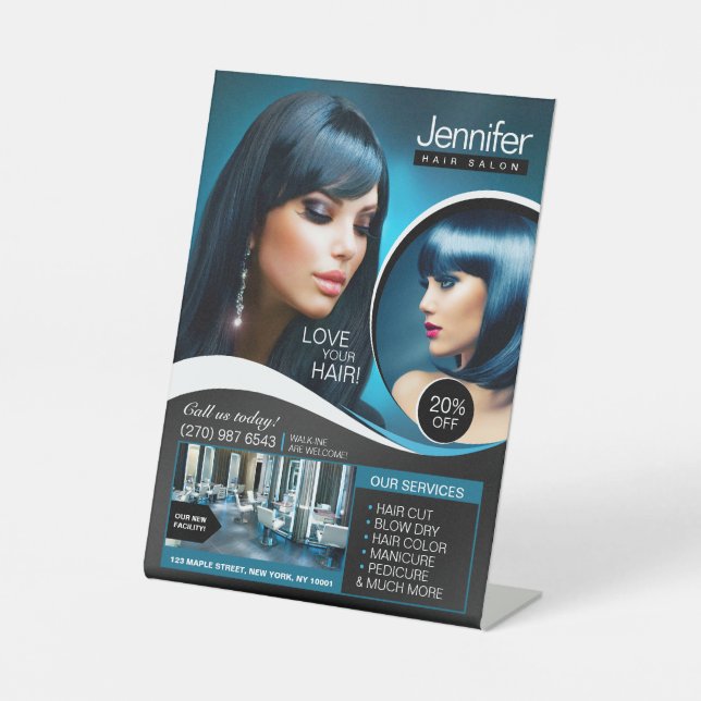 Elegant Black Hair Salon, Beauty Salon Pedestal Sign (Front)