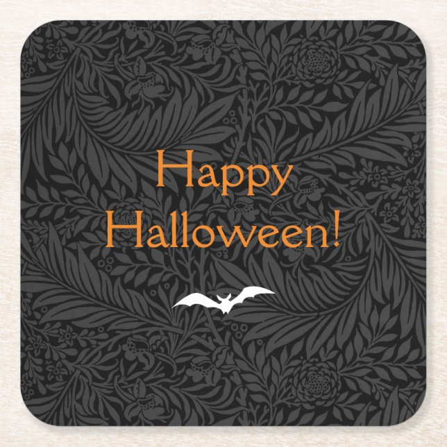 Elegant Black Halloween Floral Square Paper Coaster (Front)