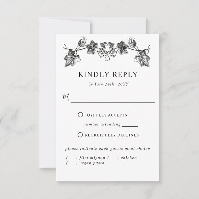 Elegant Black Hand Drawn Floral RSVP with Meals (Front)