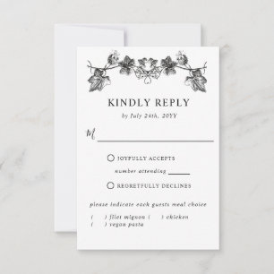 Elegant Black Hand Drawn Floral RSVP with Meals Card