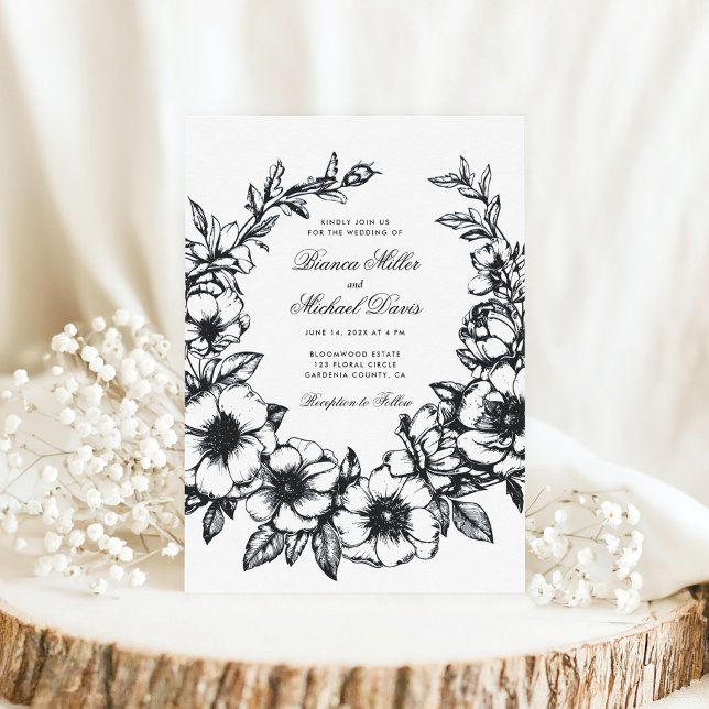 Elegant Black Hand Drawn Wreath In Bloom Wedding Invitation (Creator Uploaded)