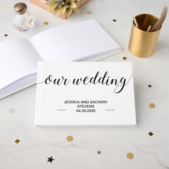 Elegant Black Handwriting Script Wedding Guest Book (Front Open)