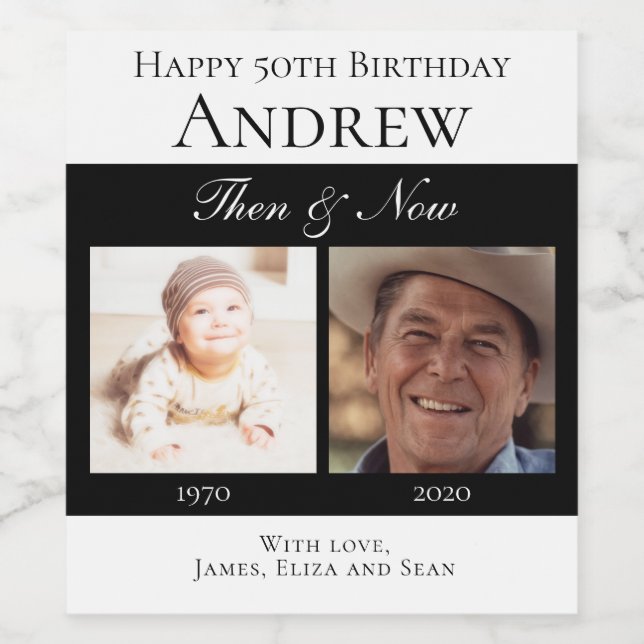 Elegant Black Happy Birthday Then and Now Photos Wine Label (Single Label)