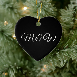 Elegant black heart custom couple script initials  ceramic ornament