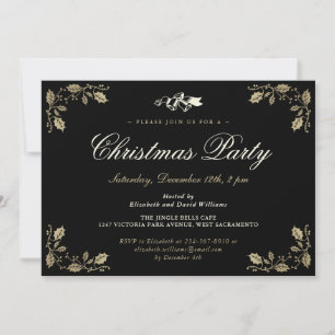 Elegant Black Holly Bells Christmas Holiday Party Invitation