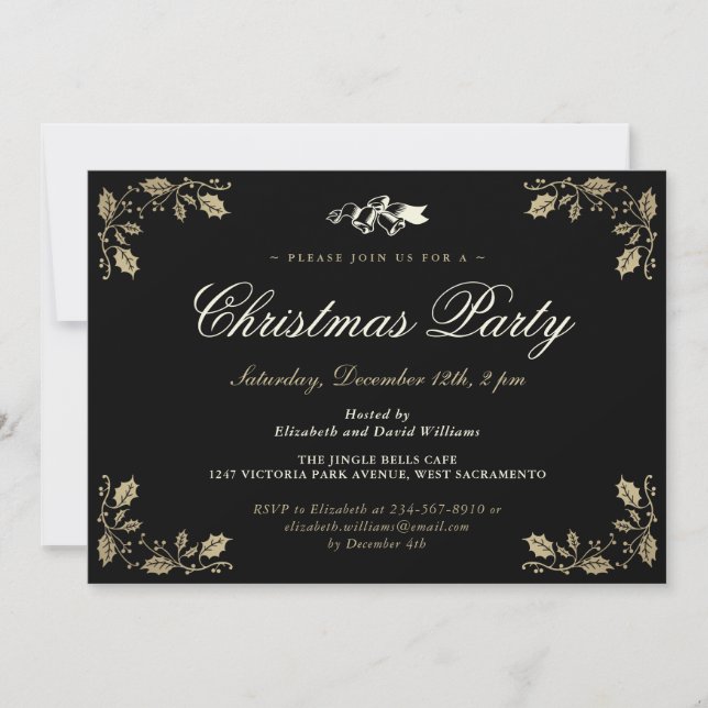 Elegant Black Holly Bells Christmas Holiday Party Invitation (Front)